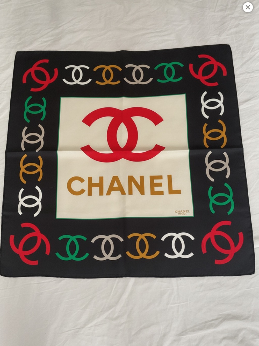 CHANEL Black Cream Multicolor Logo CC Silk Scarf